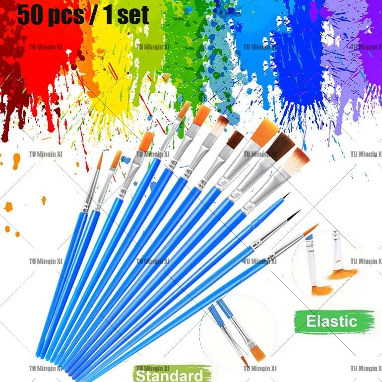 

baru 50pcs kuas cat air & akrilik - set kuas flat tip & runcing biru graffiti artist