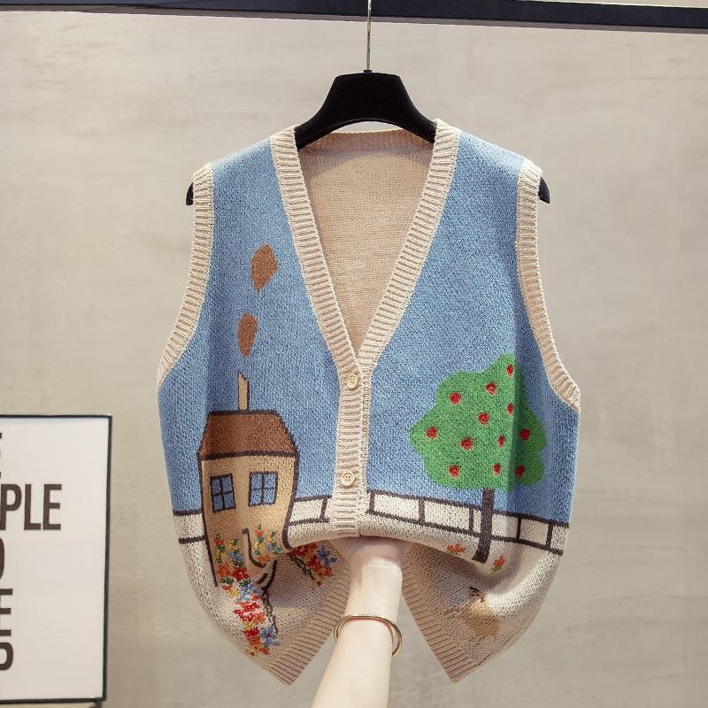 Kardigan V Rompi Rajut untuk Wanita, Pakaian Luar Longgar, Rompi Sweater Berlapis