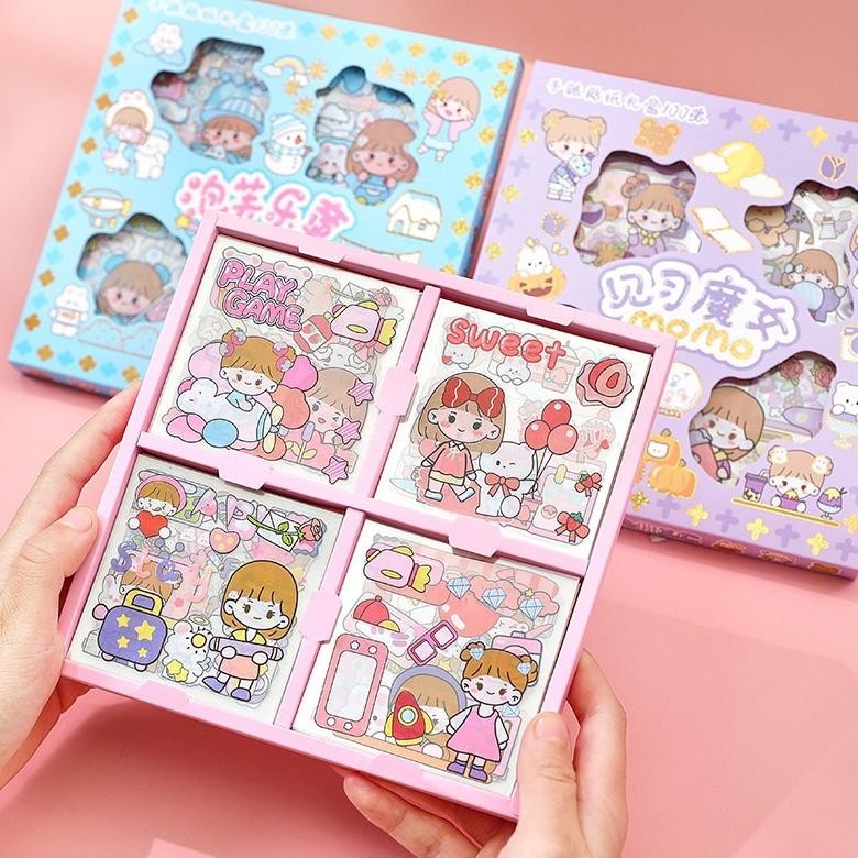 

Stiker Momo Box Skat Besar Isi 100 Lembar Rainbow Glitter 8X8Cm Lucu Korean Hiasan Sticker Baru