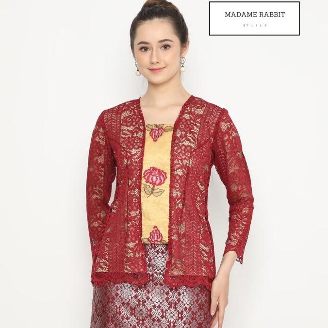 Sale Kebaya Brokat Lengan Panjang Madame Rabbit Kutu Baru Merah Ruby Bordir  Wanita Atasan Dress Baj