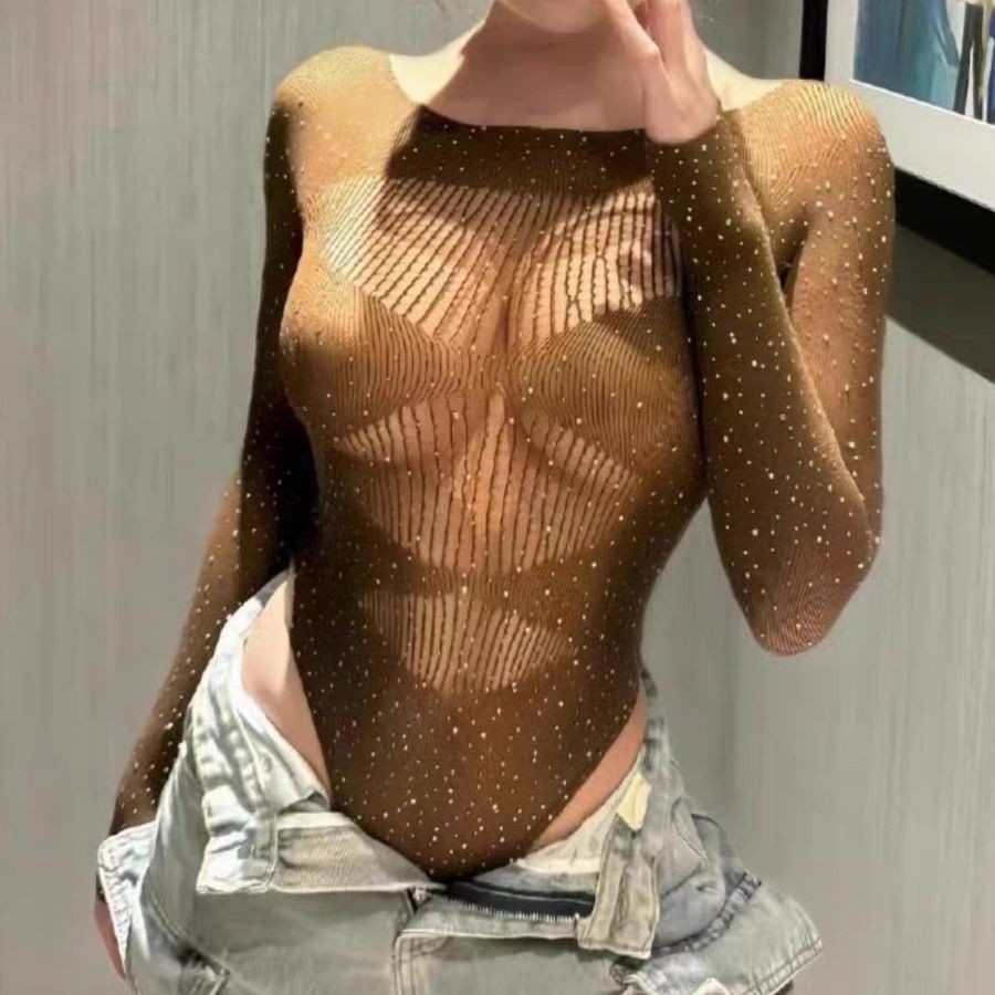 [Saror]Pengeboran Panas ins Jumpsuit Wanita Lengan Panjang Rajut Elastis Tinggi Transparan dengan