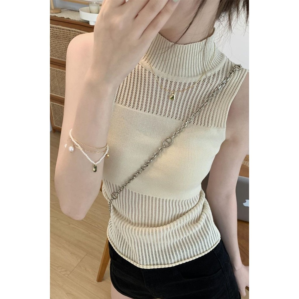 Cool GirlSweater Tanpa Lengan Turtleneck Setengah Untuk Wanita Desain Retro Ceruk Pendek Ramping Pas