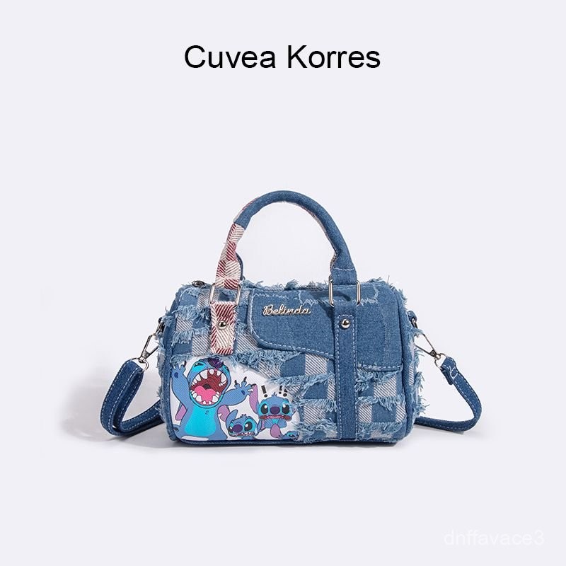 Women's Niche Cartoon Stitch Denim Ripped Patchwork Crossbody Handbag Pillow Baguette Bag