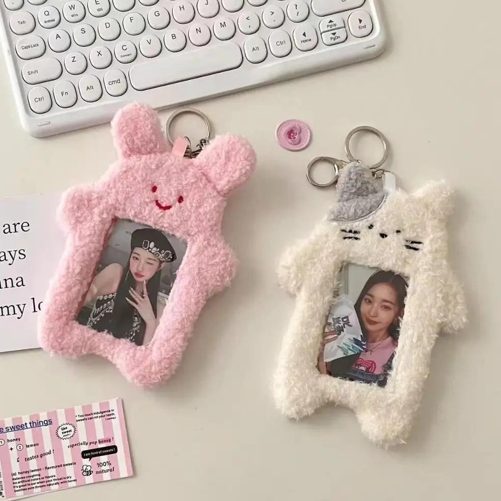 

JH8 INS Cute Cat Rabbit Plush Photocard Holder Korean Idol Photo Sleeve Protective Case Student ID Card Cover With Keychain Pendant