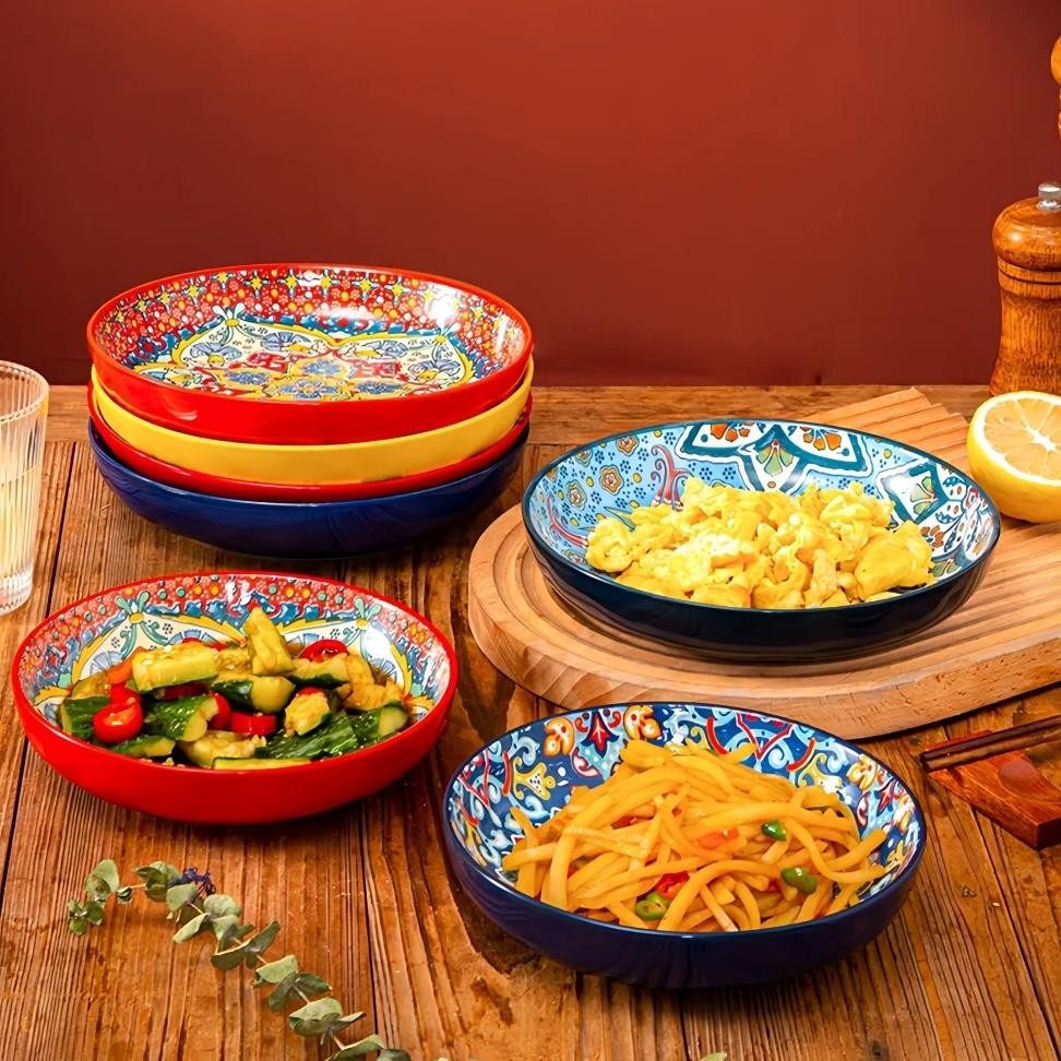 Bohemian Ceramic Plate Home Creative Western Food Plate Fruit Plate High-Rimmed Round Plate High-Val