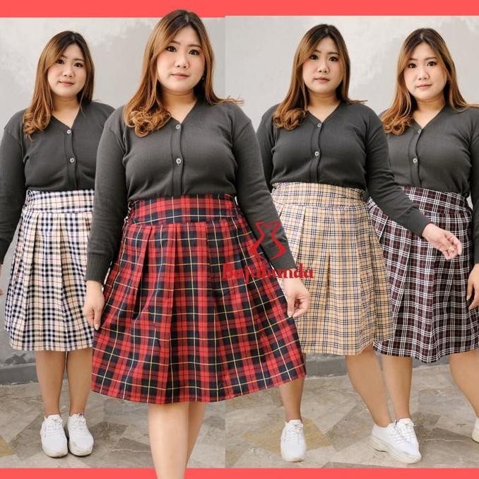 Rok Midi Jumbo Kotak Kotak / Rok BSize / Plus Size Skirt / Midi Skirt Karet Katun Wanita Mini