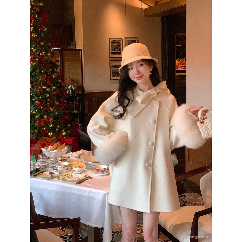 Christmas Rich Lady Fox Fur Wool Cape Autumn Winter New Double-Sided Cashmere Coat Women High-End Fe