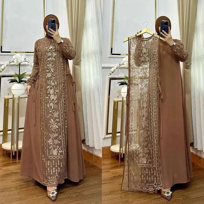 Efs Gamis Wanita Kekinian Mewah Terbaru Wilona Set Dress Bo Bahan  Cerutty Babydoll Mix Brukat Tille
