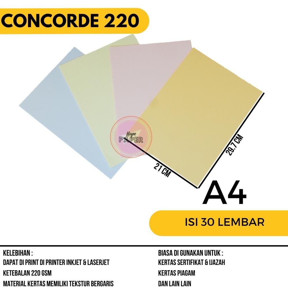 

JH8 Kertas Concorde 220 gram A4 isi 30 lembar / Kertas Sertifikat Piagam A4