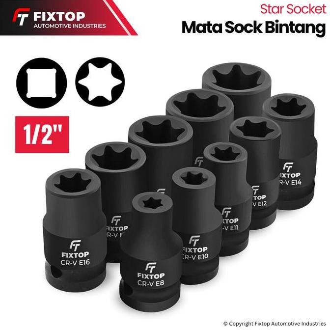 FIXTOP Mata Kunci Shock Bintang 1/2 Inch E8 E10 E11 E12 E14 E16 E18 E20 E22 E24 Star Socket Impact