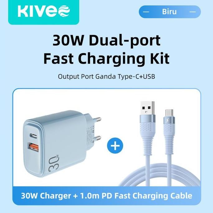 Kivee Adaptor Charger Fast Charging Usb+Type-C Pd 30W 5V/3A Data Cable Charger Set