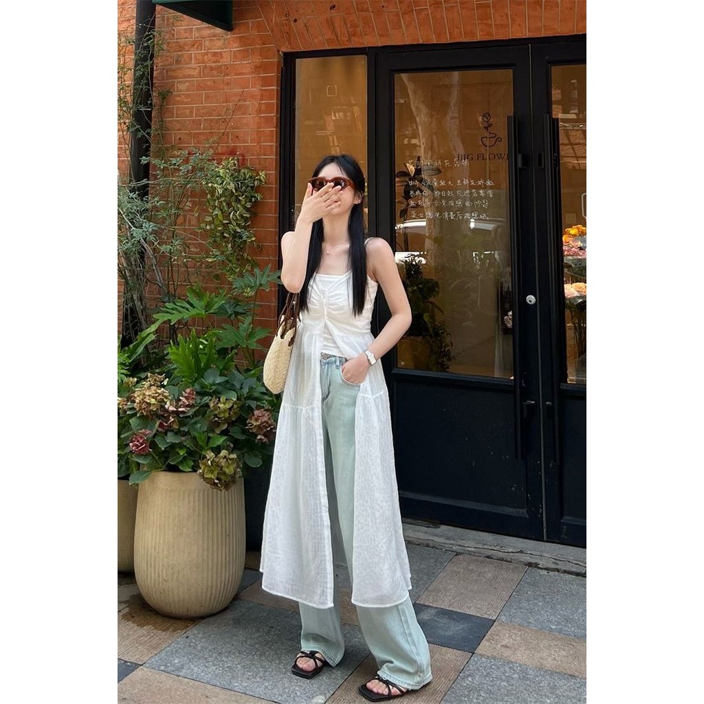 Cool GirlGaun Belahan Wanita Modis Rok Panjang Putih Rok Suspender Atasan Rompi Longgar Rok