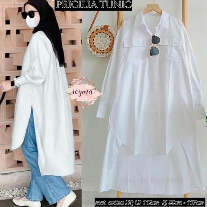 Pricilia Tunic Putih Polos Tunik Wanita Tunik Muslim Long Tunik Jumbo
