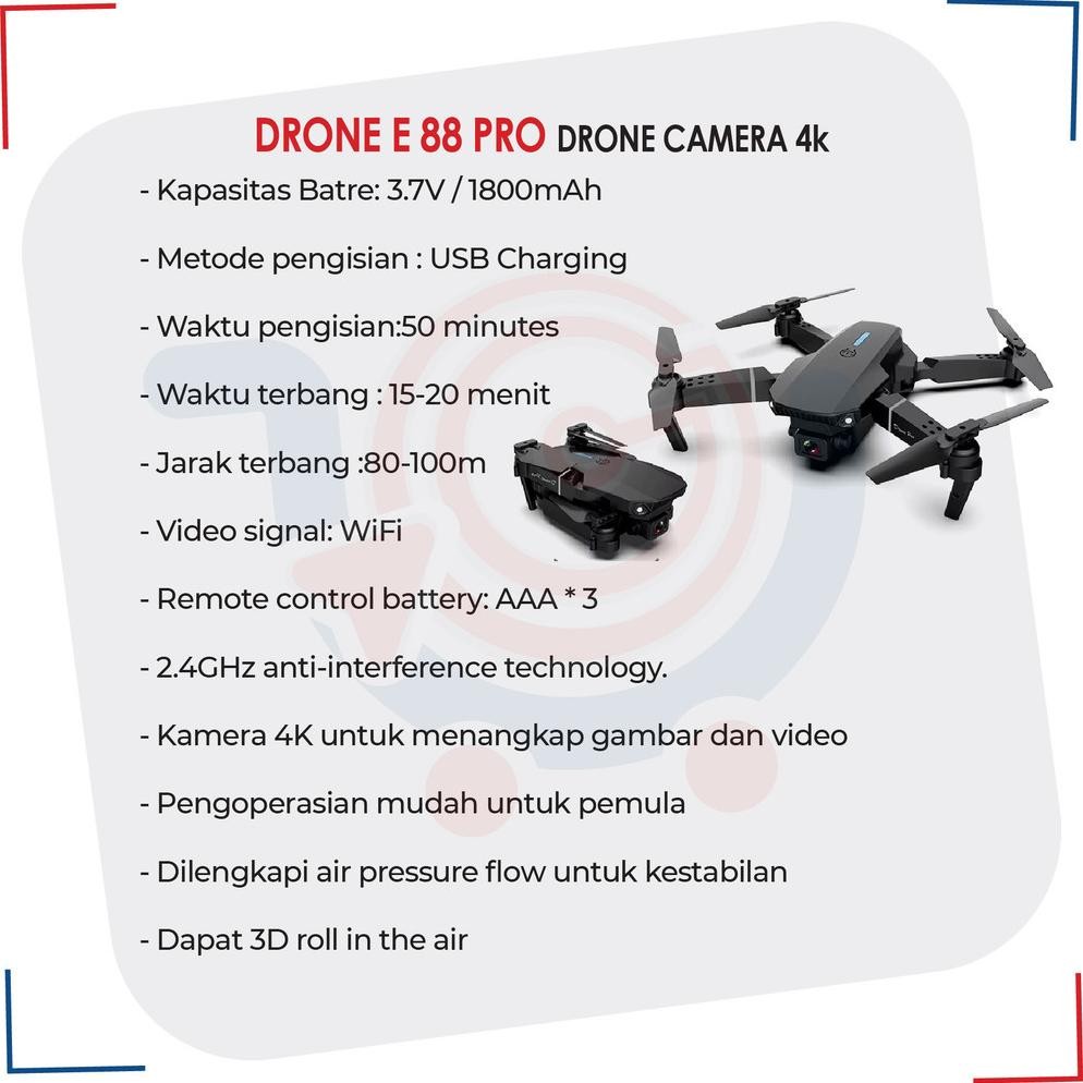 Drone E88pro 4K Ultra HD Foldable Drone Lipat Single Camera