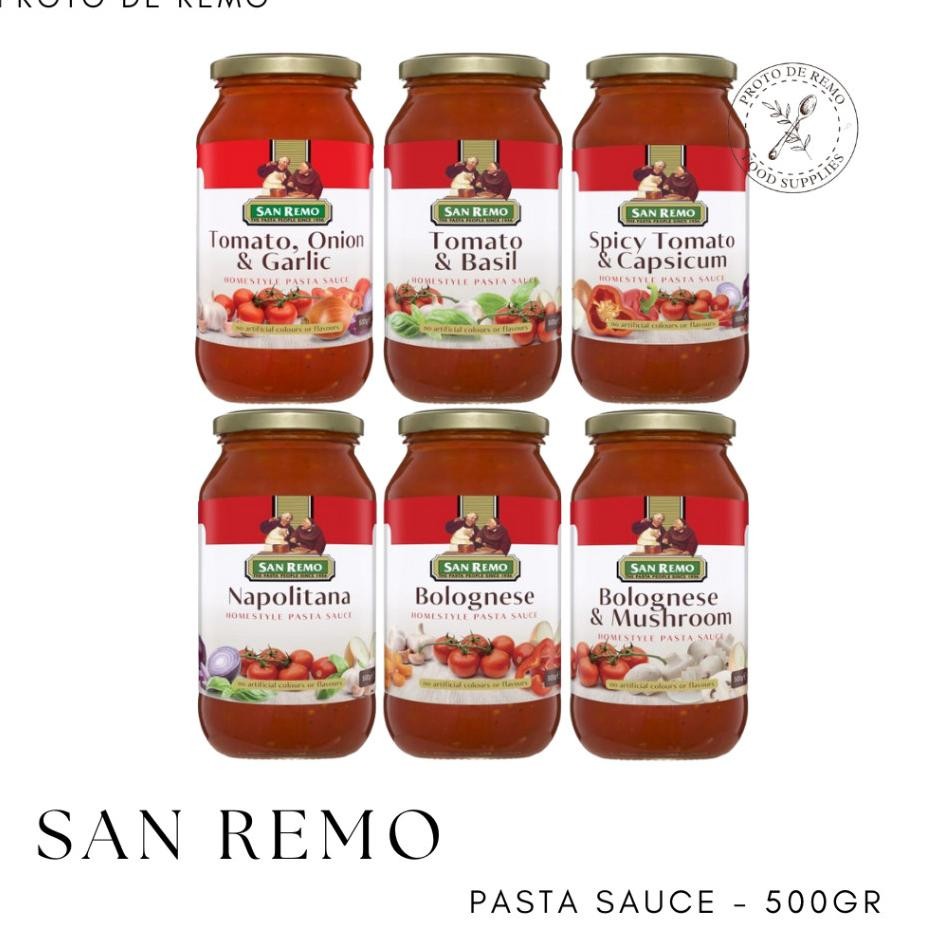 

San Remo Pasta Sauce Gr Bolognese Bolognese Mushroom Tomato Basil Spicy Tomato Capsicum Tomato Onion Garlic Napolitana