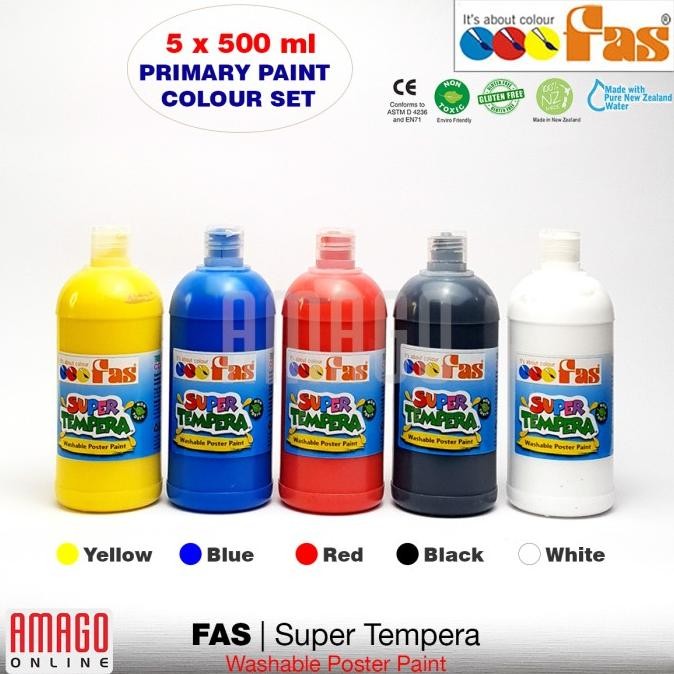 

PAKET 5 WARNA -FAS SUPER TEMPERA- YELLOW BLUE RED BLACK WHITE X 500 ml