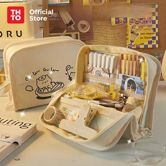 

THTO TAS TEMPAT PENSIL CASE POUCH MINIMALIS ANAK SEKOLAH GULU GULU CANVAS STATIONERY KANTOR A154
