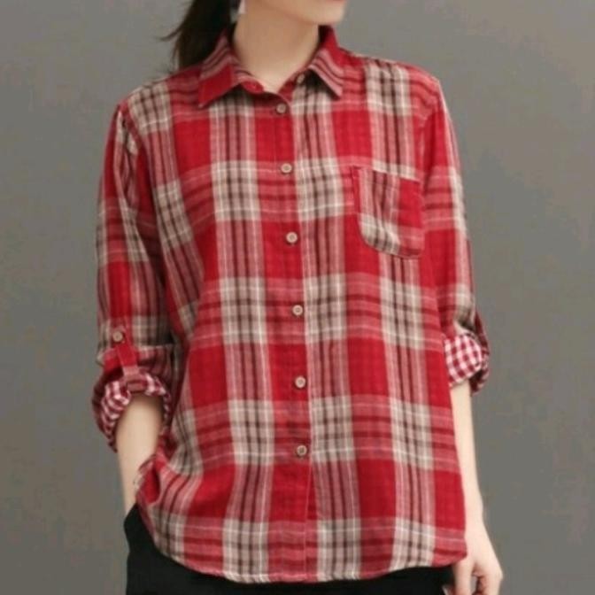 kemeja kotak kotak square motif wanita shirt hem cantik baju Terlaris