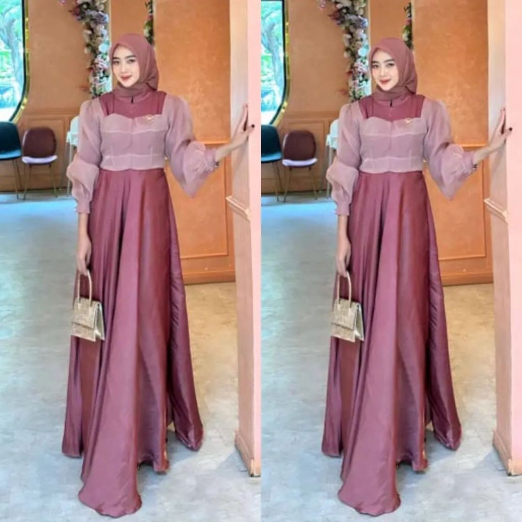 Bahan Gaun Sienna Campuran Shimmer Organza Gamis Fashion Gaun Lebaran Wanita Gaun Undangan Modern |C
