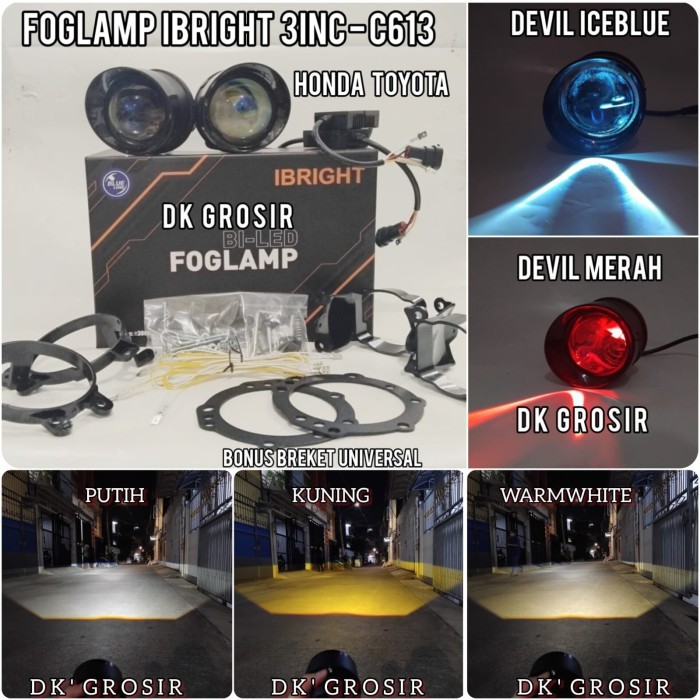 IBRIGHT C613 - Sepasang Foglamp Blue Lens 3Inc High Low Toyota Honda Plus Breket Universal