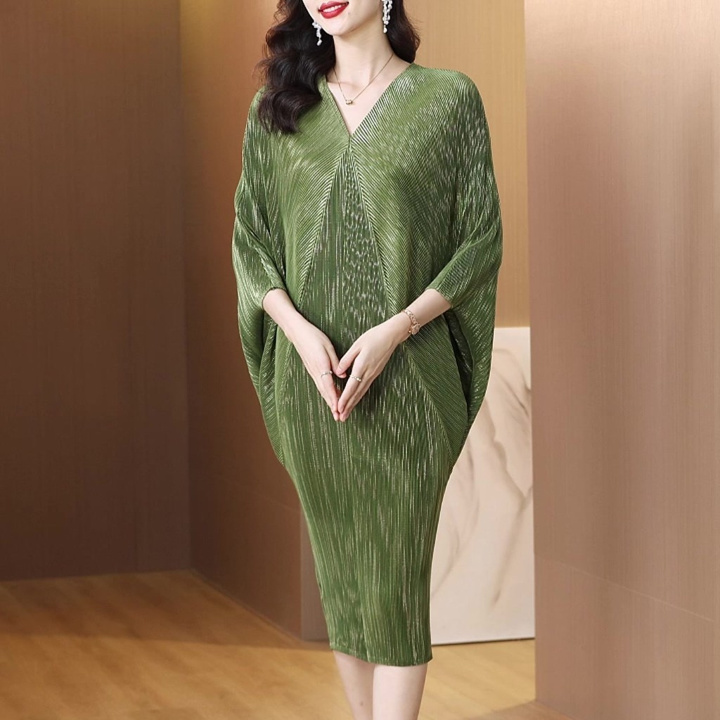 Gaun berlipat wanita, dress Ukuran plus leher V 20245