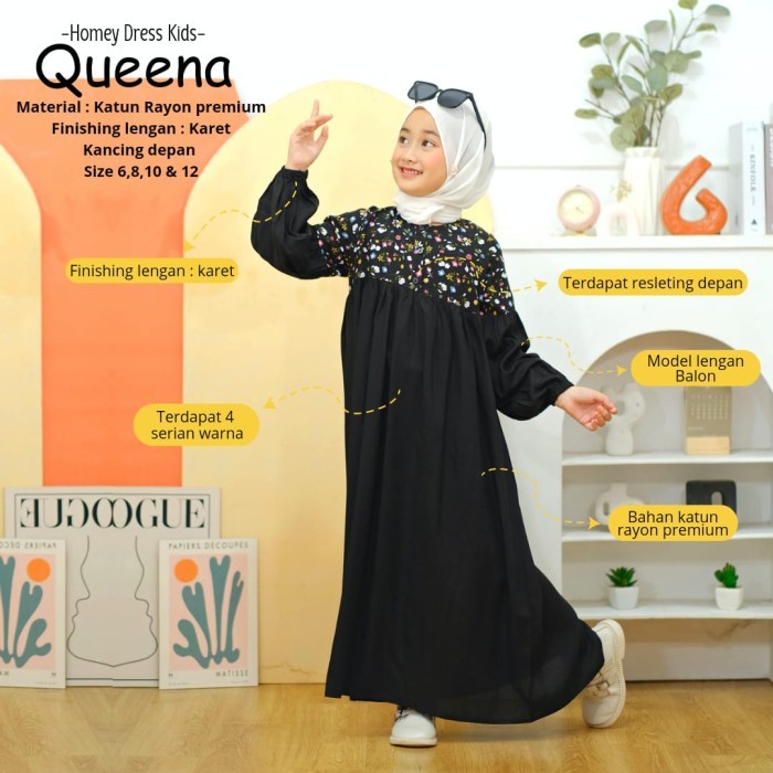 New Gamis Anak Motif / Homey Dress Queena Kids Bahan Rayon Premium {TerlarisBest Seller}