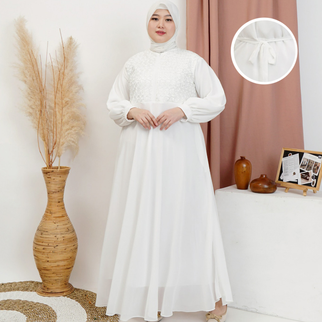 KKUM OFFICIAL Gamis Putih SUPER JUMBO Baju Lebaran Umroh Haji Busana Muslim Hijab Dress Brukat AGNES