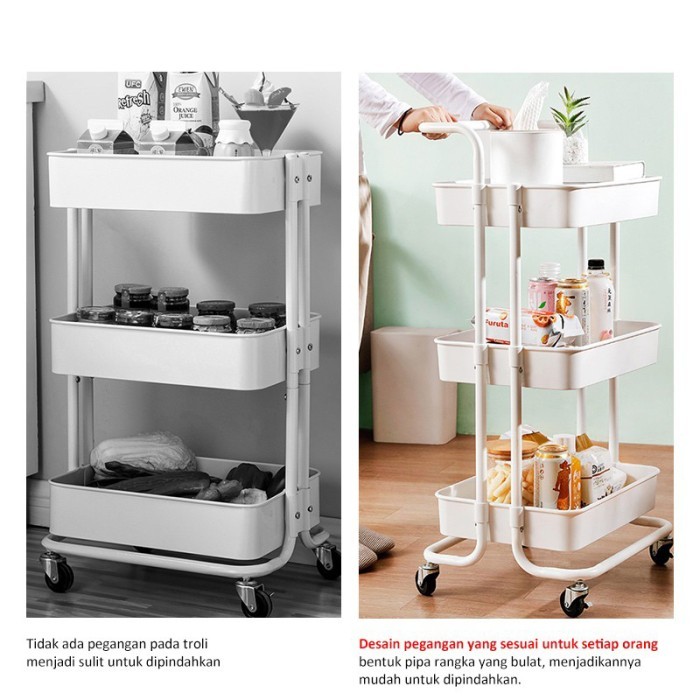 PUTIH RAK RODA SUSUN 3 KERANJANG TROLI DAPUR KAMAR SALON MEJA SNACK