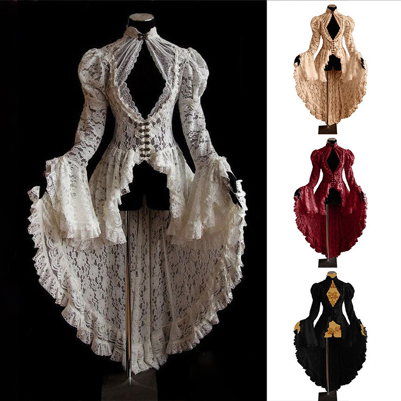European and American Retro Style Palace Party Lace Dress Palace Style Patchwork Stand Collar Dress 
