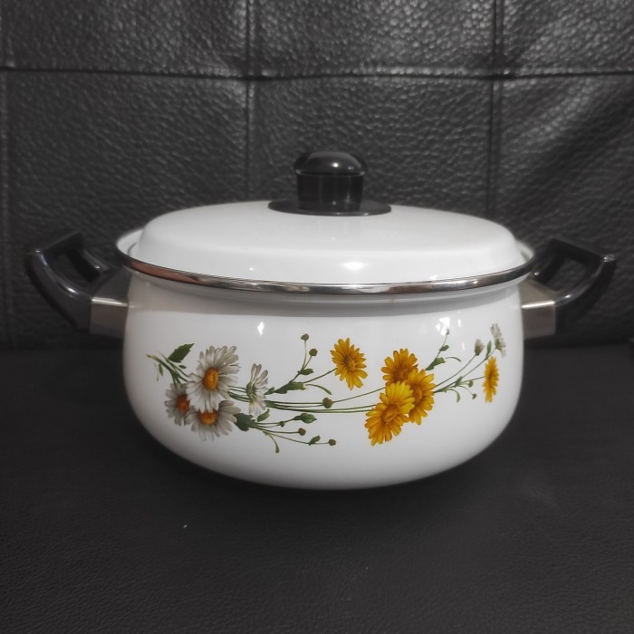 ,,,,,,,] Panci Enamel Putih 22cm Dutch Oven Gg Hitam Motif Bunga