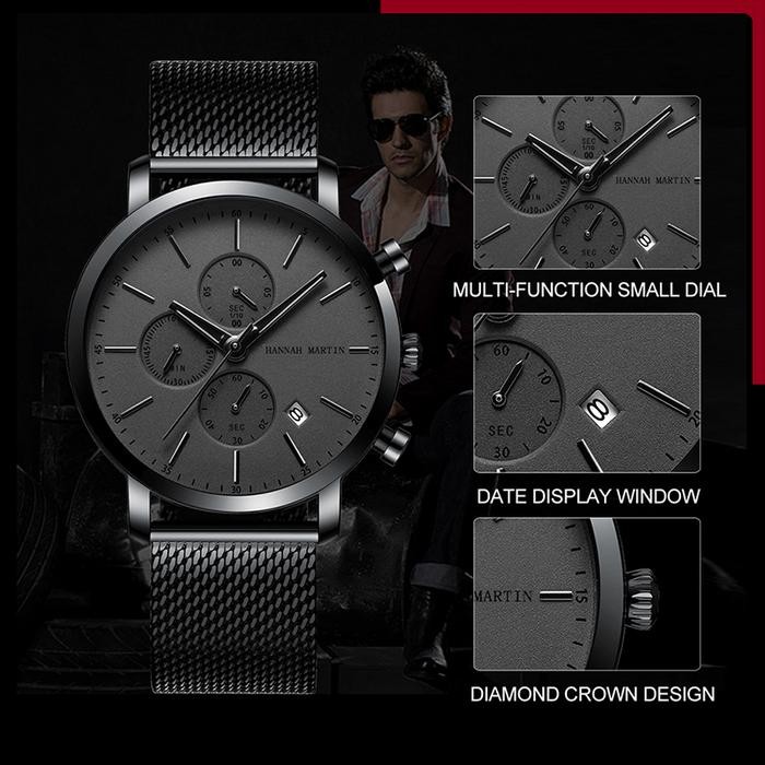 Hannah Martin Jam Tangan Pria 100% Original Tahan Air Cowok Kronograf Quartz Analog Laki 109G