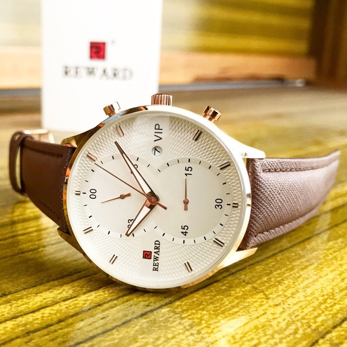 Jam Tangan Pria Original Analog Kulit Reward Pentagon Gold Rose Chrono