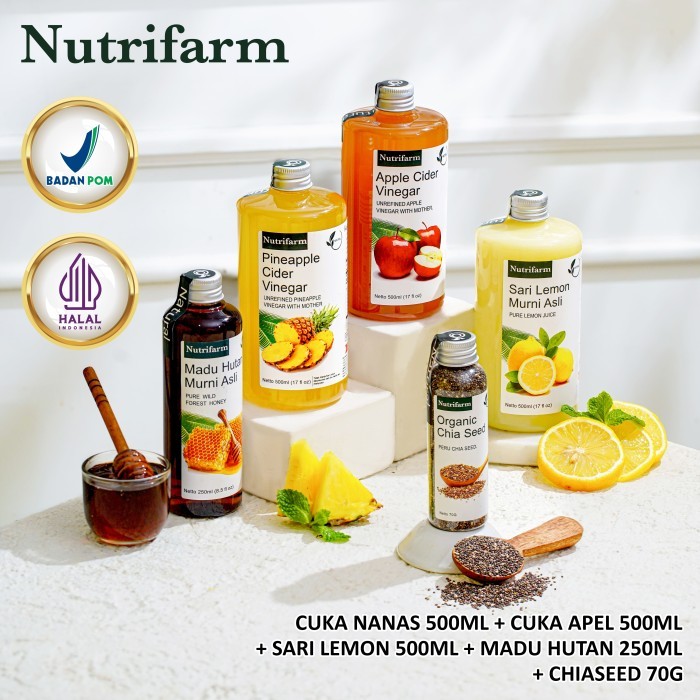 

PAKET COMBO 5 IN 1 NUTRIFARM/CUKA NANAS LEMON APEL MADU HUTAN CHIA SEED/CUKA APEL ORIGINAL