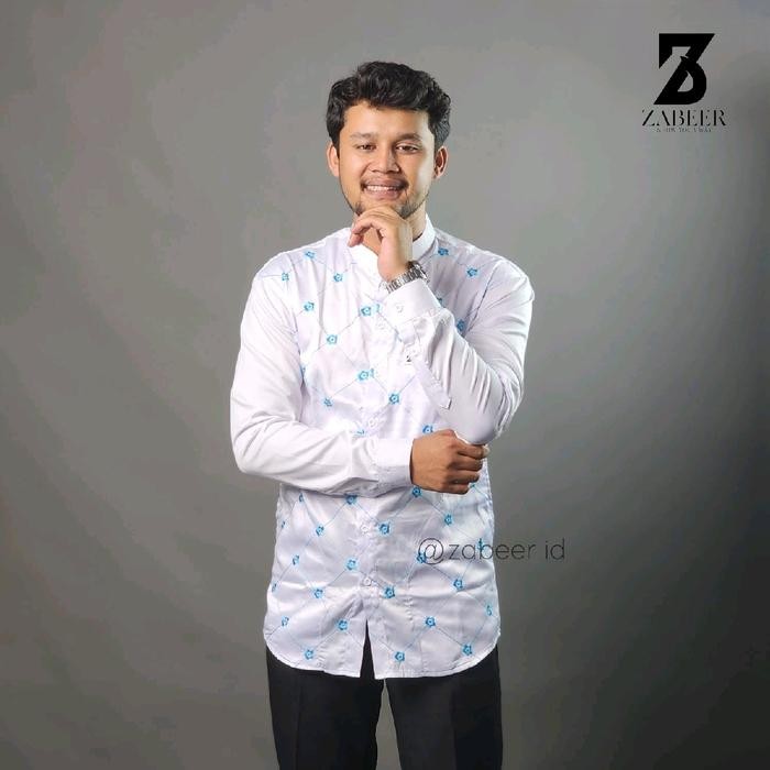 Promo Zabeer Kemeja Koko Pria Polos Kombinasi Bordir Motif Bunga Casual/Formal Katun Toyobo Sutra