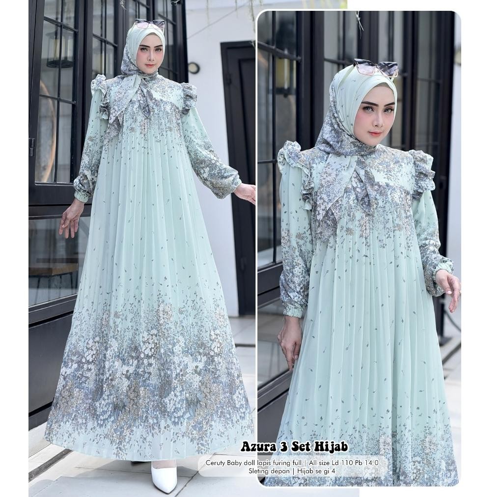 Dress Azura New 3 Gamis Muslim Set Hijab Model Terbaru Bahan Ceruty Best Seller