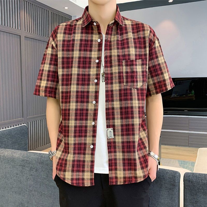 Kemeja Kotak-kotak Baru Lengan Pendek Kemeja Pria Bergaya Jaket Pria Tipis Bernapas Musim Panas