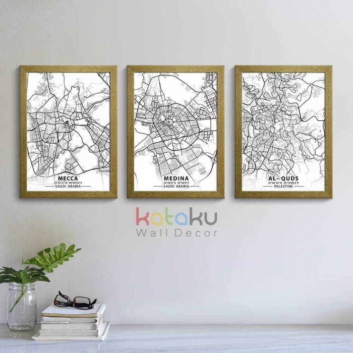 Set Poster City Map Art Peta Mekah Madinah Al-Quds Hiasan Dinding A3