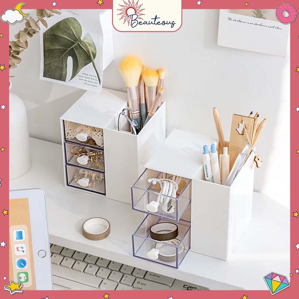 

BISA COD Kotak Laci Mini Tempat Make Up Storage Tempat Pensil Stackable Mini Serbaguna Free Sticker hj-77