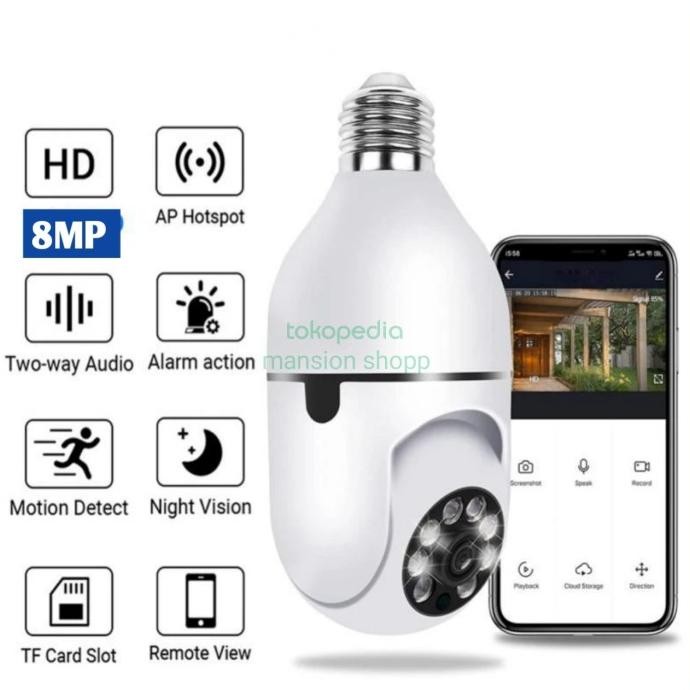 IP CAMERA V380 CCTV LAMPU 360 WIRELES CCTV WIFI BOHLAM LAMPU PANORAMIC
