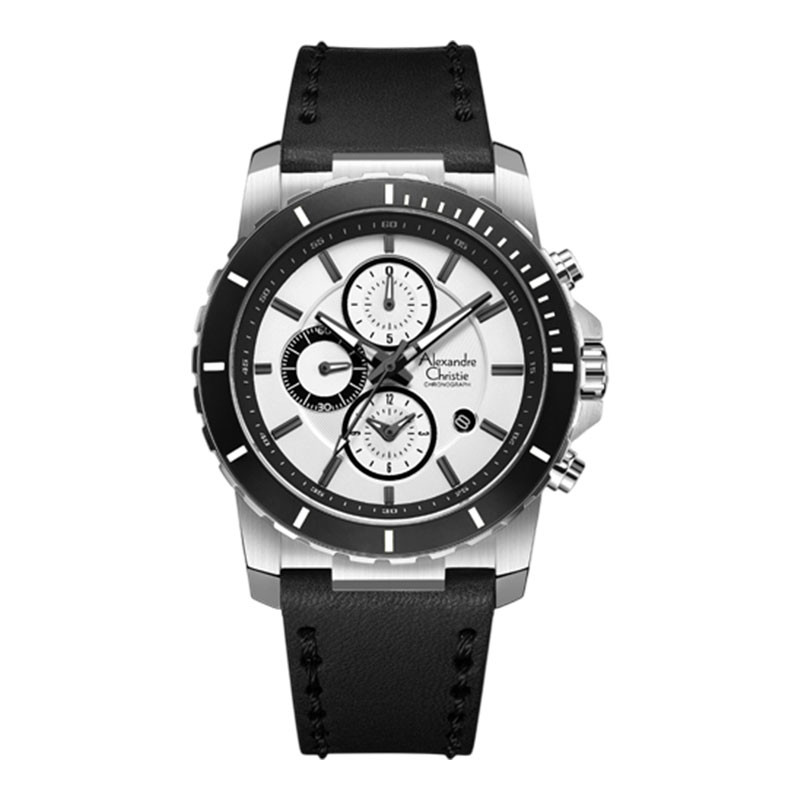 Jam Tangan Pria Alexandre Christie Chronograph AC 6141 MC LSSSL Men Silver Dial Black Leather Strap
