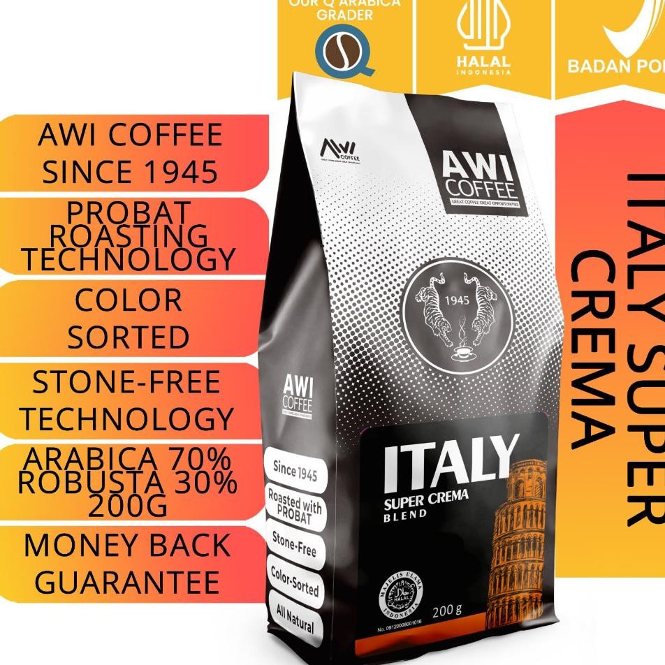 

Awi Coffee Italy Crema Blend For Cafe 200Gr Arabica Robuta Blend Bean Ground