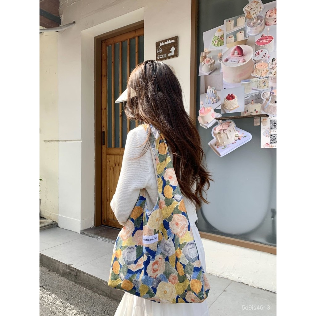 Tas Kanvas Bunga Lukisan Minyak Retro Gaya Korea Tas Tangan Satu Bahu untuk Wanita
