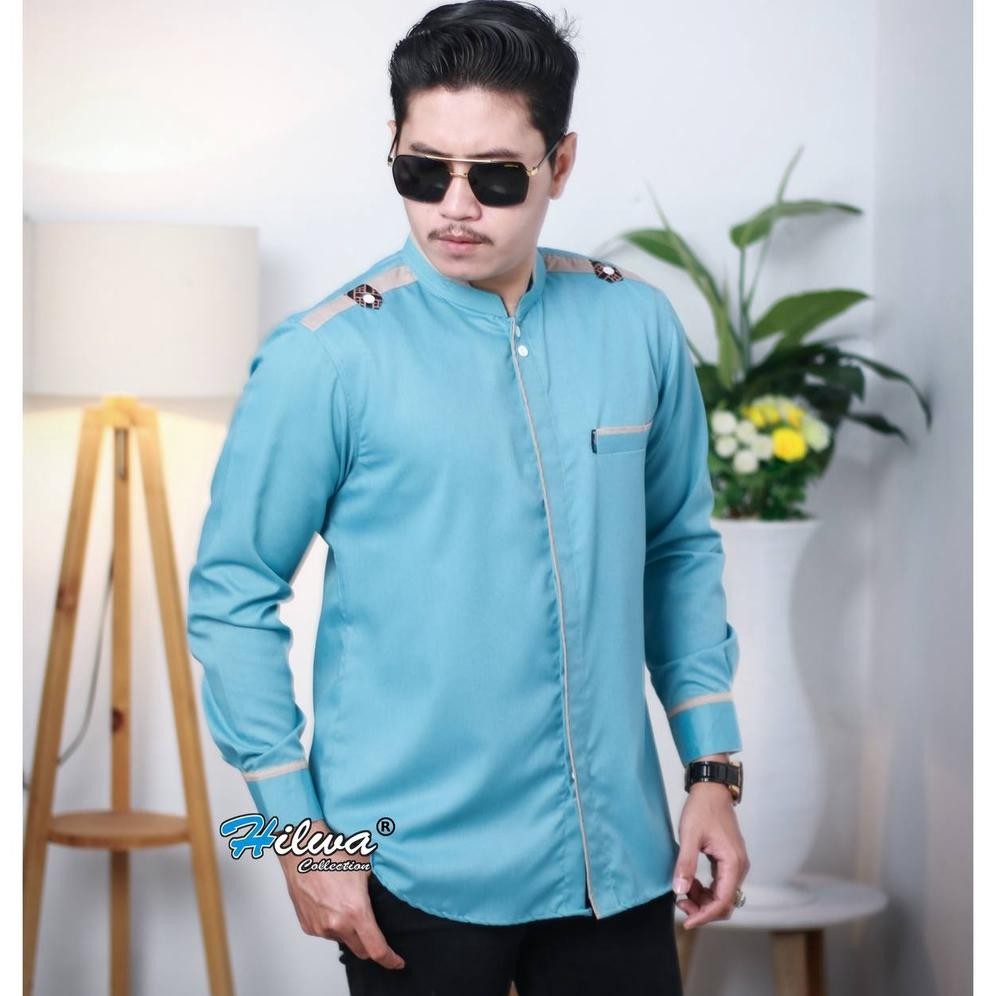 HILWA COLLECTION Kemeja Baju Koko Pria Lengan Panjang Warna Biru Wardah  Seragam Hadroh S M L XL XXL