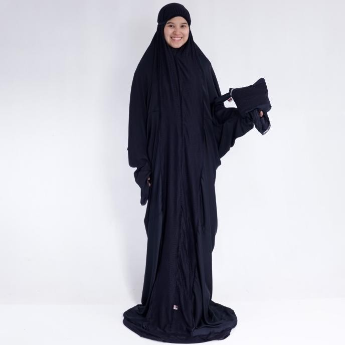 ALFAUZI - Mukena Silk Terusan Hitam / Mukena Dewasa / Mukena Jumbo Terlaris