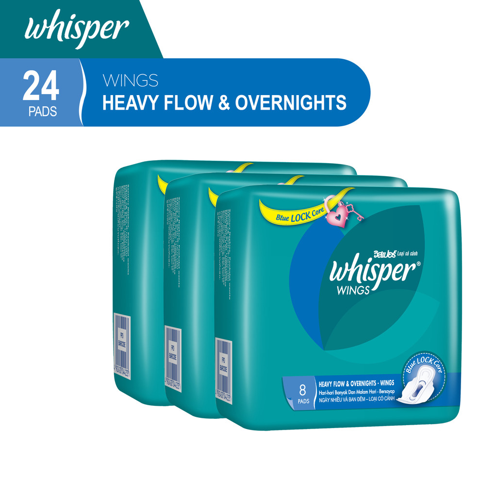 Whisper Pembalut Wanita Heavy Flow & Overnight Wings 8's - Paket isi 3