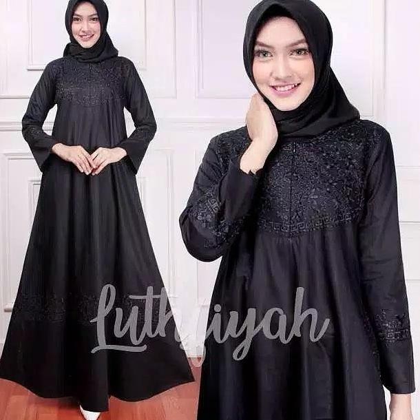ABAYA HITAM  / GAMIS HITAM KOMBINASI BORDIR Katun Polos Bunga Hitam Putih cantik muslim umroh  wanit