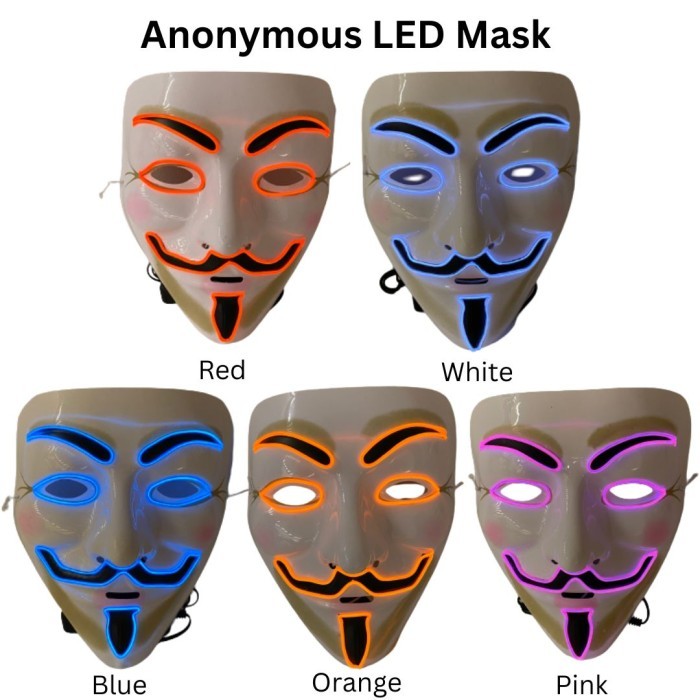 Terbaru.. Topeng Anonymous Nyala Lampu Led Hacker Mask V For Vendetta Halloween