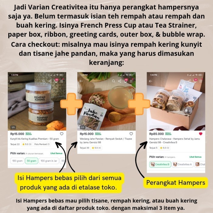 

PROMO !!! SALE TERLARIS HAMPERS CREATIVITEA - ISI CUSTOM - BELUM TERMASUK ISI REMPAH KERING READY