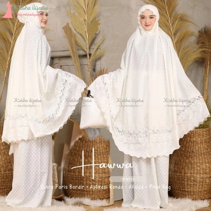 Mukena Hawwa Cantik Modern Katun Sutra Paris Bordir Putih Realpict Ori Asli 100%