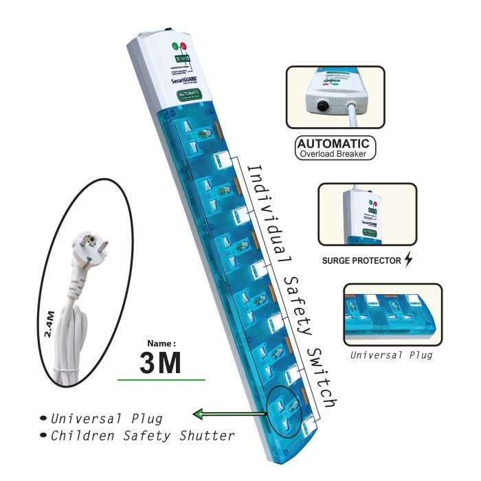 TERBARU Securiguard steker strip Universal TSP 6 lubang colokan listrik - 3M